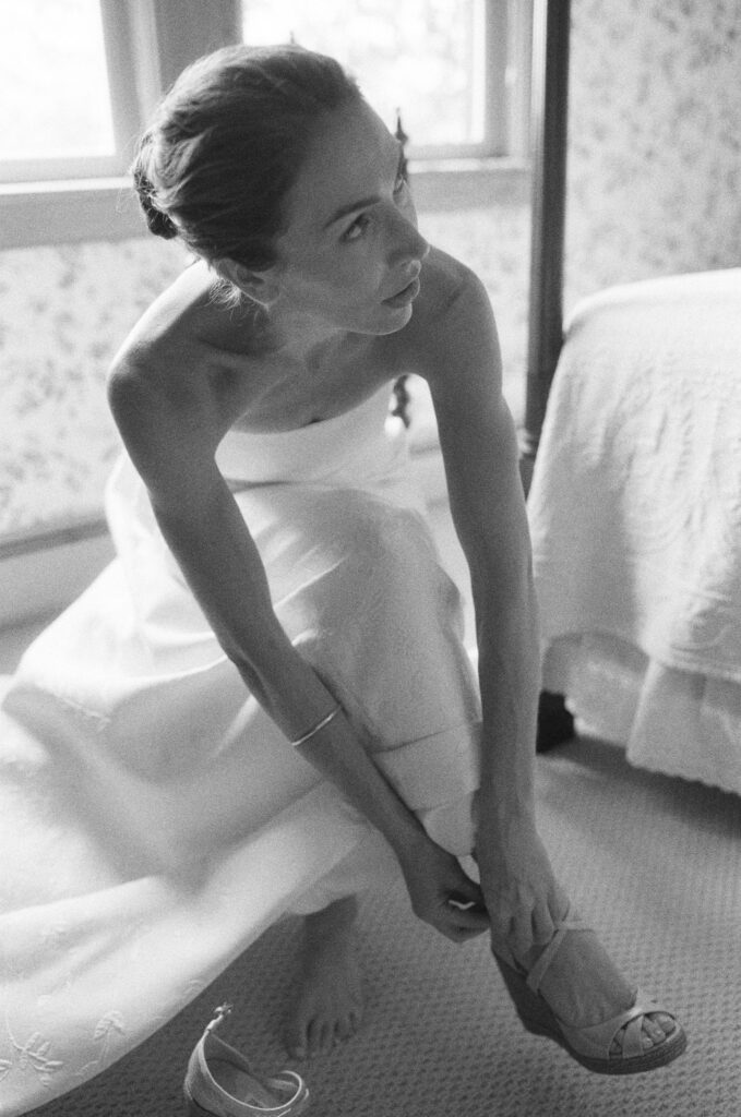 Bride getting ready black and white film photography by Jackie Fox